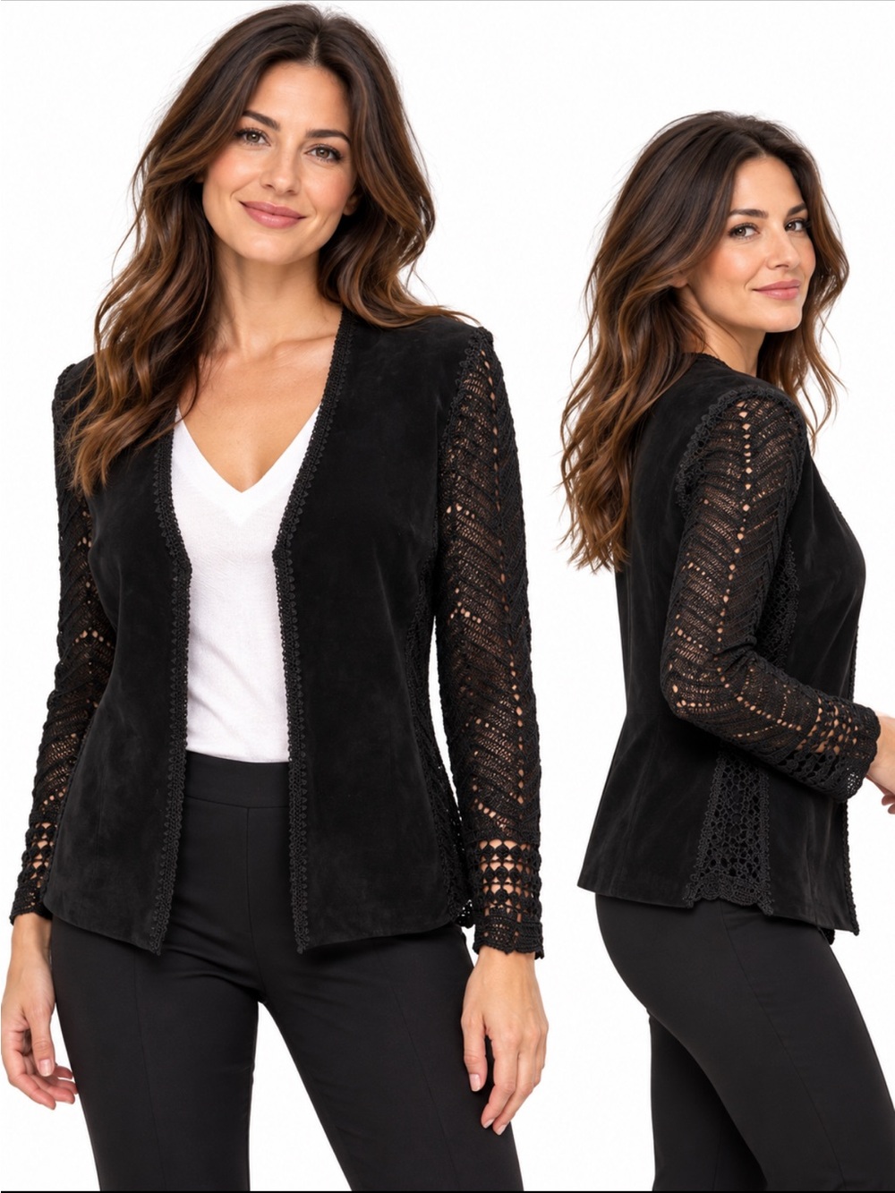 Danier Black Suede Crochet Sleeve Open-Front Jacket Cardigan Medium